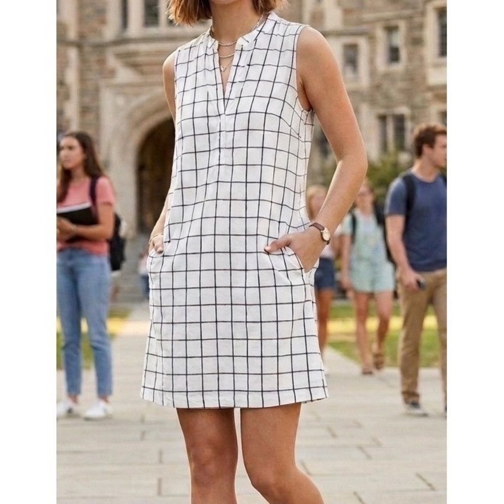 Madewell V-neck Dress White Gray Check Sleeveless Cotton Pockets Lined - XS